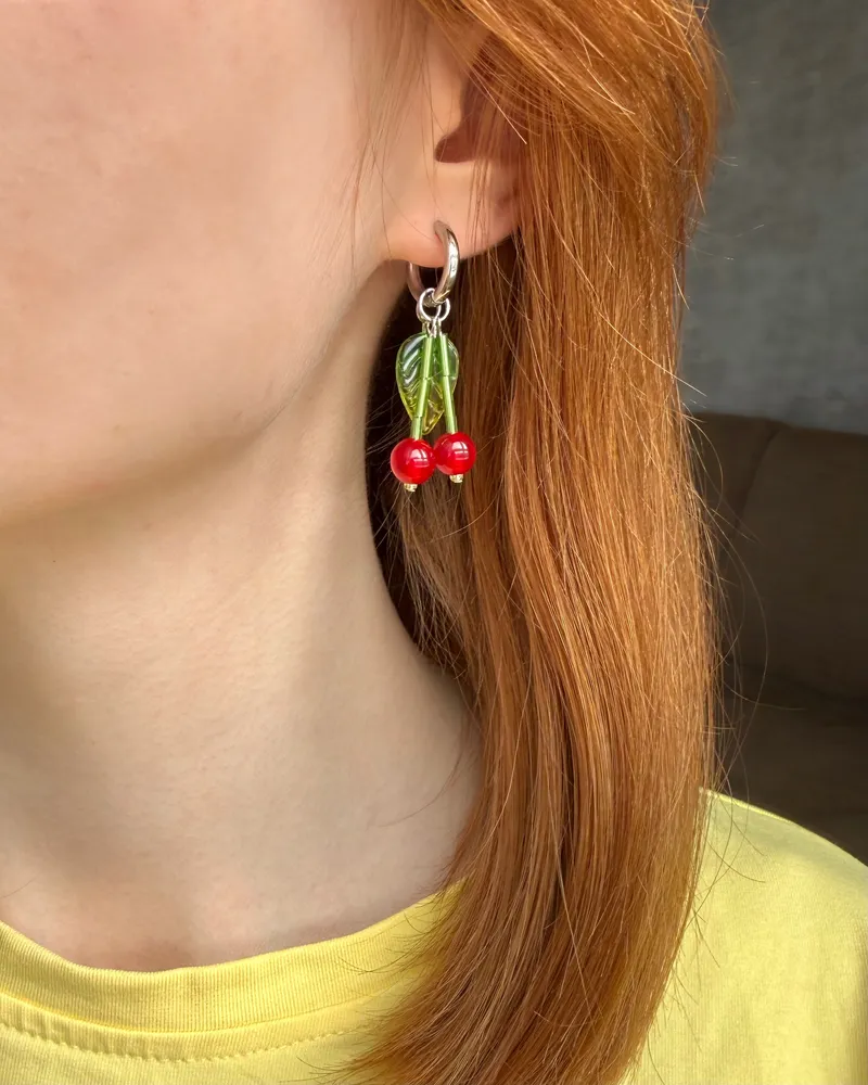 Серьги «Вишня» — серьги ручной работы из бусин, фото 2